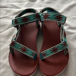 Teva Women's Teal and Burgundy Patterned Strap Sandals